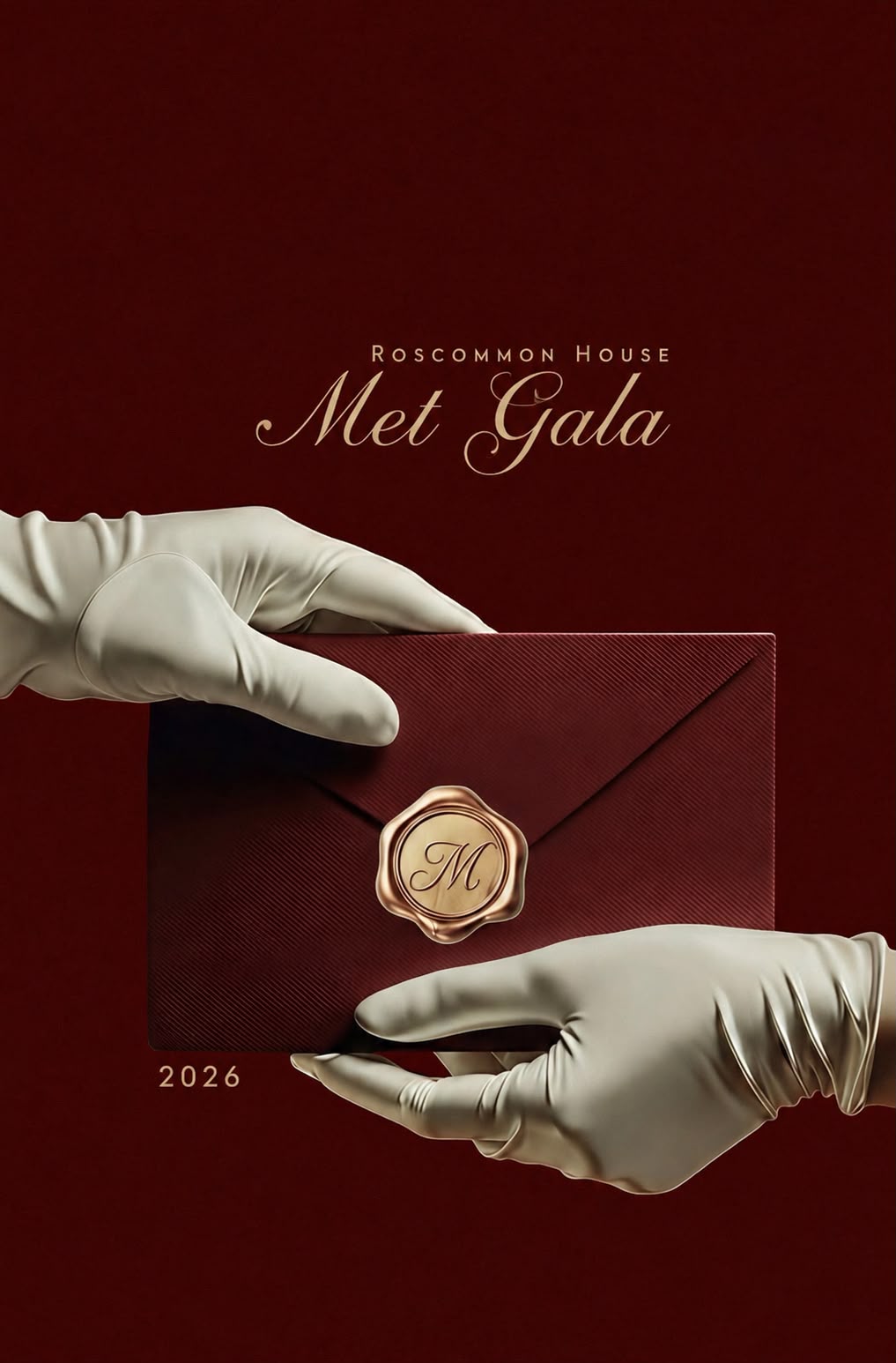 Gloved hands holding a burgundy envelope sealed with a gold wax M, Roscommon House Met Gala 2026