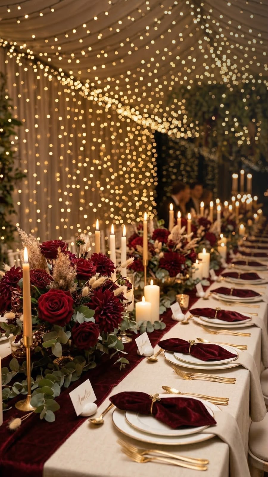 Long banquet table under a canopy of fairy lights with burgundy roses