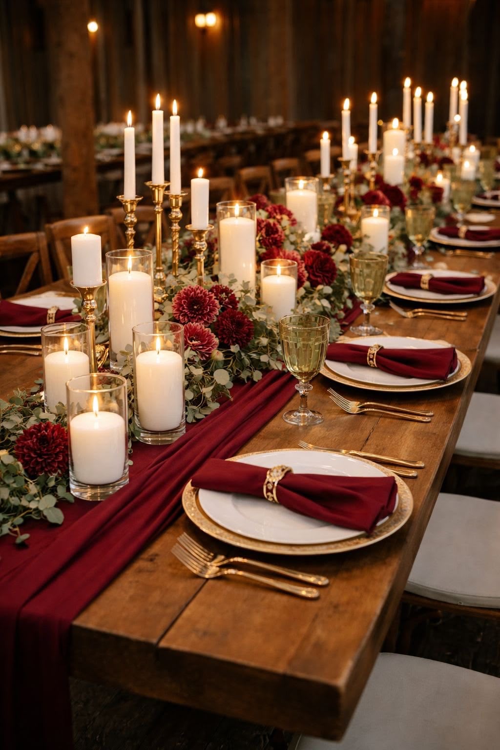 Candlelit wooden table with burgundy napkins and gold cutlery
