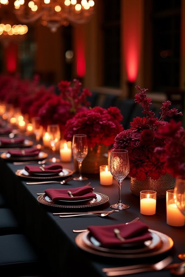 Black tablecloth lined with deep red florals and glowing candles