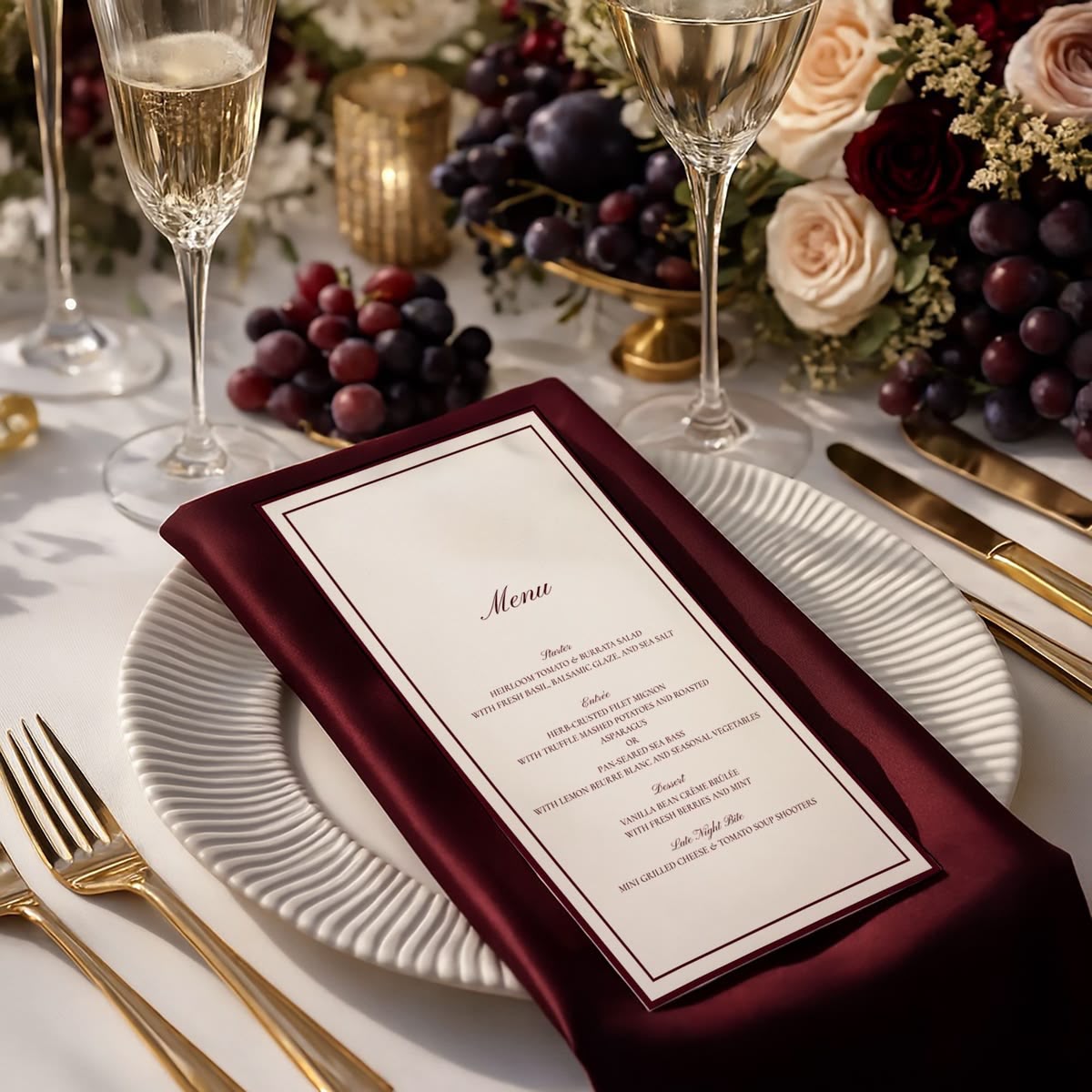 Place setting with a menu card on a burgundy napkin beside champagne