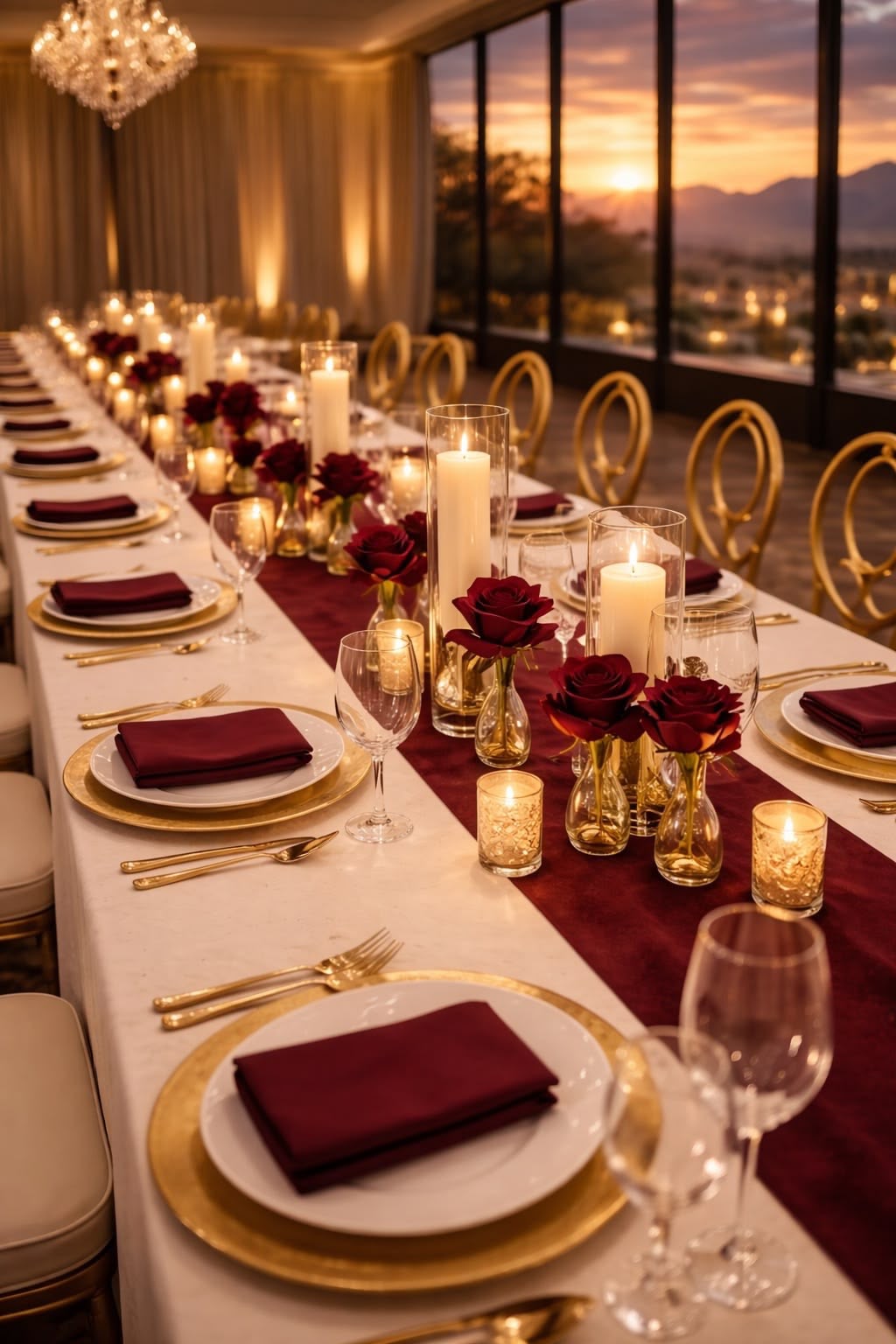 Long table with red roses and candles overlooking a sunset